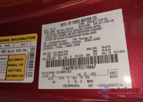 2024 Ford Mustang Ecoboost Fastback z USA, uszkodzony, nr VIN 1FA6P8TH7R5110667